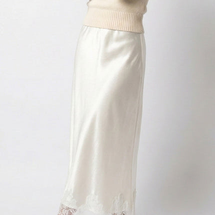 Satin Midi Skirt with Lace Trim
