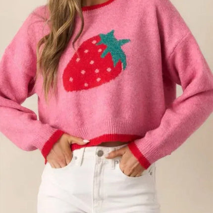 Miss Sparkling Strawberry Print Knit Sweater