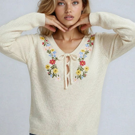 Miss Sparkling Floral Embroidered V-Neck Sweater