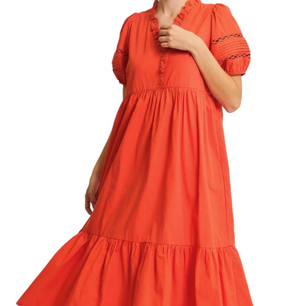 Short Sleeve Lace-Trim Ruffled Midi Dress