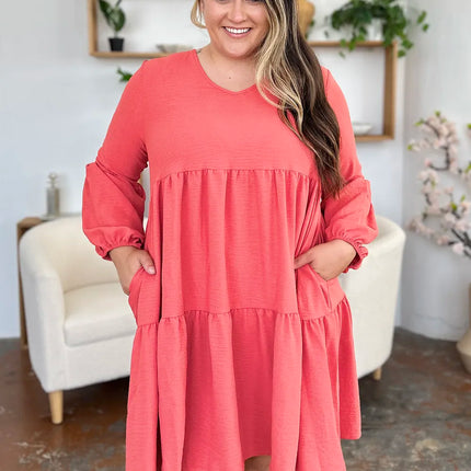 Garden Naked Women's Casual Dress Babydoll Tiered Dress with Pockets Long Sleeve Ruffle Hem Soft Cotton Blend Loose Fit