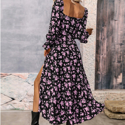 Flowers Printing Long Sleeve Dress Fashion Square-neck Bottom Slit