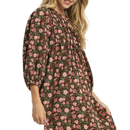 Womens Casual Swing Dress Vintage Floral Print Babydoll Style Puff Sleeve Mini Brown Pink Garden Party Dress
