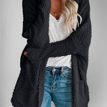 Velvet Bloom Pocketed Open Front Long Sleeve Women Cardigan