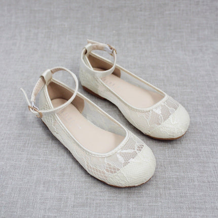 Ivory New Lace Ballet Flats with Ankle Strap