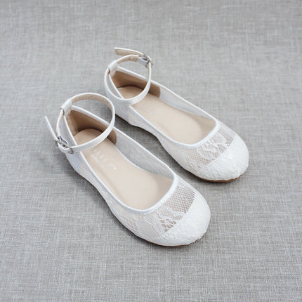 White New Lace Ballet Flats with Ankle Strap