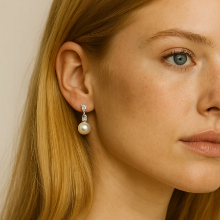 Pearl Drop Earrings with Cubic Zirconia  Accents Earrings