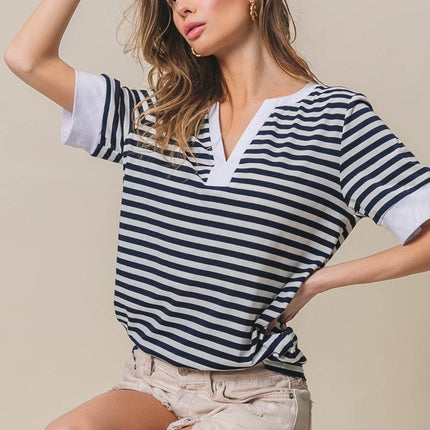 BiBi Contrast Striped Notched Knit Women Top