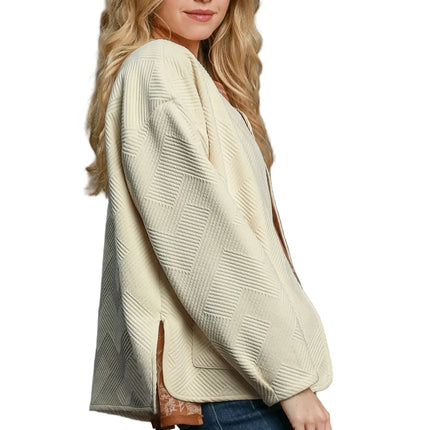 Garden Naked Womens Casual Bomber Jacket Quilted Diamond Pattern Oversized Outerwear Round Neck Long Sleeve Cream White