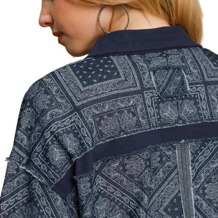 Garden Naked Womens Casual Denim Jacket Boho Bandana Print Oversized Button Down Collared Dark Blue Streetwear Top