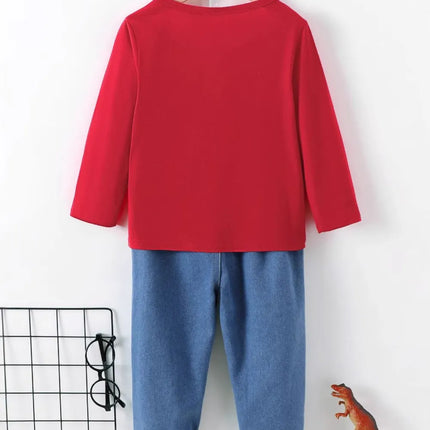 Dinosaur Round Neck Long Sleeve Top and Distressed Pants Set