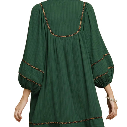 Garden Naked Womens Casual Shift Dress Boho Leopard Trim Pleated Babydoll Mini Green Balloon Sleeve Daily Wear
