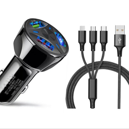 3 Port Fast LED Car Charger + 3 in 1 Cable Combo Black