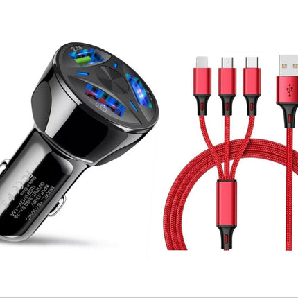 3 Port Fast LED Car Charger + 3 in 1 Cable Combo Red