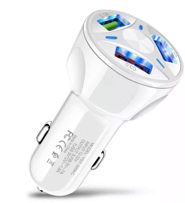 3 Port Fast LED White Car Charger + 3 in 1 Cable Combo Black