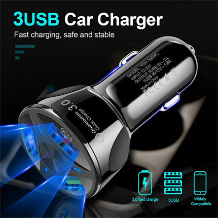 3 Port Fast LED White Car Charger + 3 in 1 Cable Combo Black