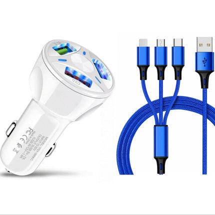 3 Port Fast LED White Car Charger + 3 in 1 Cable Combo Blue