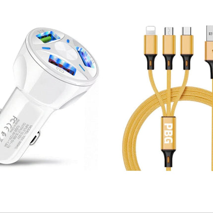 3 Port Fast LED White Car Charger + 3 in 1 Cable Combo Gold