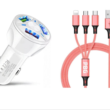 3 Port Fast LED White Car Charger + 3 in 1 Cable Combo Pink