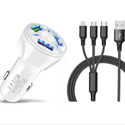 3 Port Fast LED White Car Charger + 3 in 1 Cable Combo