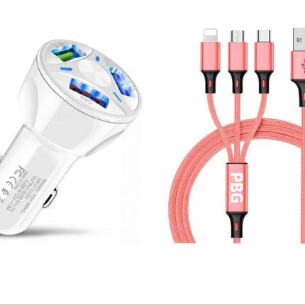 3 Port Fast LED White Car Charger + 3 in 1 Cable Combo