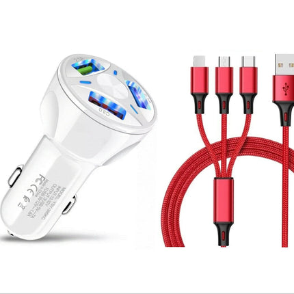 3 Port Fast LED White Car Charger + 3 in 1 Cable Combo Red
