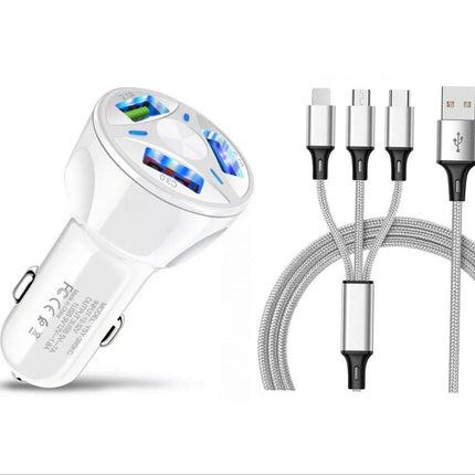 3 Port Fast LED White Car Charger + 3 in 1 Cable Combo Silver