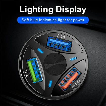 3 Port Fast LED White Car Charger + 3 in 1 Cable Combo Silver