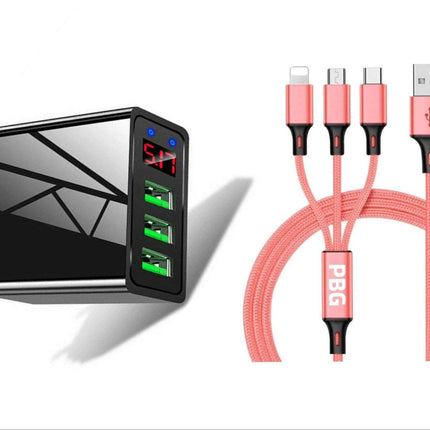 3 port LED Display High Speed Wall Charger Black + 3 in 1 Cable Combo