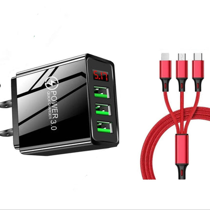 3 port LED Display High Speed Wall Charger Black + 3 in 1 Cable Combo