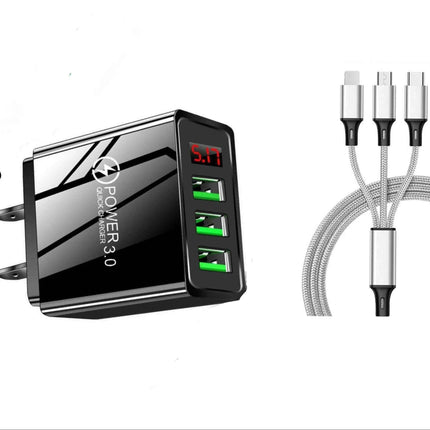 3 port LED Display High Speed Wall Charger Black + 3 in 1 Cable Combo
