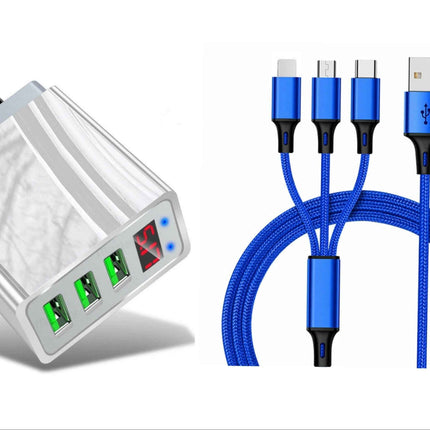 3 port LED Display High Speed Wall Charger White + 3 in 1 Cable Combo