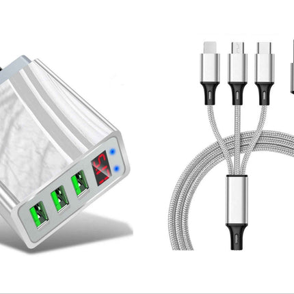 3 port LED Display High Speed Wall Charger White + 3 in 1 Cable Combo
