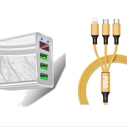 3 port LED Display High Speed Wall Charger White + 3 in 1 Cable Combo