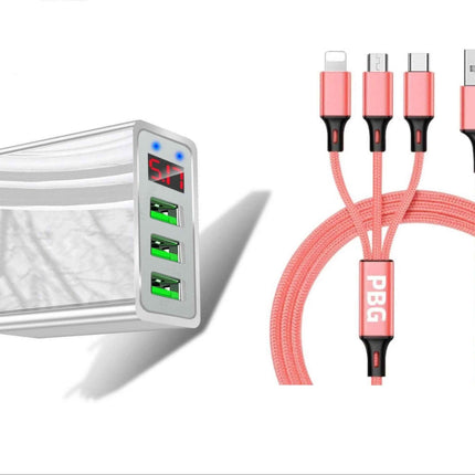 3 port LED Display High Speed Wall Charger White + 3 in 1 Cable Combo
