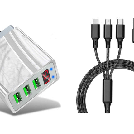 3 port LED Display High Speed Wall Charger White + 3 in 1 Cable Combo