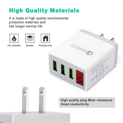 3 Port LED Fast Quick Charge QC 3.0 USB Hub Display Wall Charger Adapter US Plug