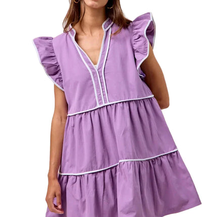 Womens Casual Babydoll Dress Flutter Sleeve Tiered Mini Purple V Neck White Trim Summer Ruffle Detail