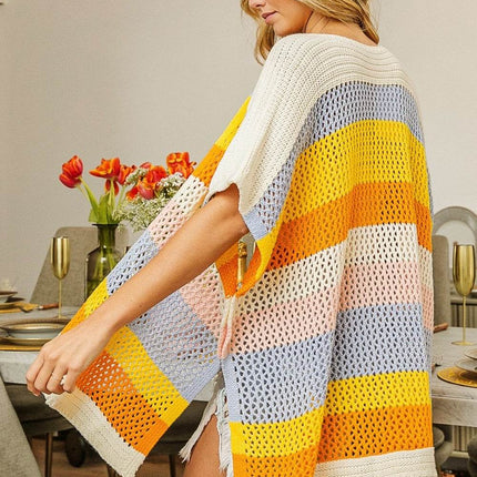 BiBi Openwork Striped Open Front Knit Women Cardigan