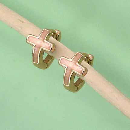 BRASS MINI HUGGIE EPOXY CROSS HOOP EARRINGS | 80E2512