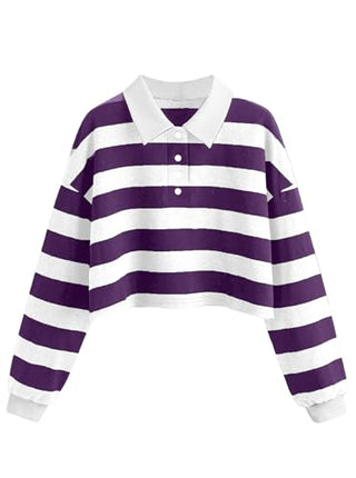 Natalie Winters Dress - Remidoo Women's Collared Half Button Long Sleeve Striped Crop Top Sweatshirt