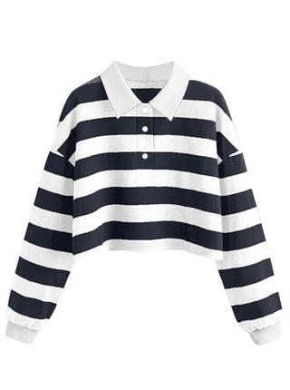 Natalie Winters Dress - Remidoo Women's Collared Half Button Long Sleeve Striped Crop Top Sweatshirt