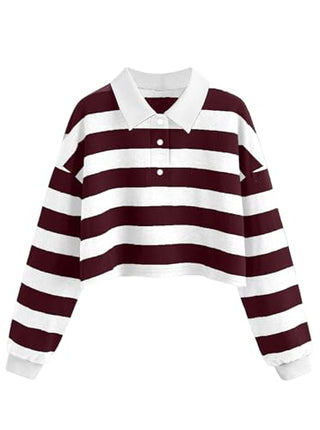 Natalie Winters Dress - Remidoo Women's Collared Half Button Long Sleeve Striped Crop Top Sweatshirt