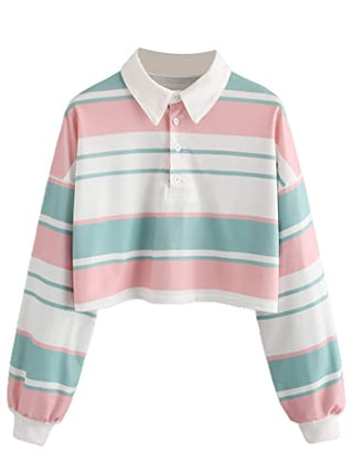 Natalie Winters Dress - Remidoo Women's Collared Half Button Long Sleeve Striped Crop Top Sweatshirt