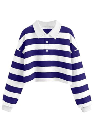 Natalie Winters Dress - Remidoo Women's Collared Half Button Long Sleeve Striped Crop Top Sweatshirt