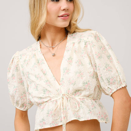 Petticoat Puff Sleeve Tie Front Peplum Top