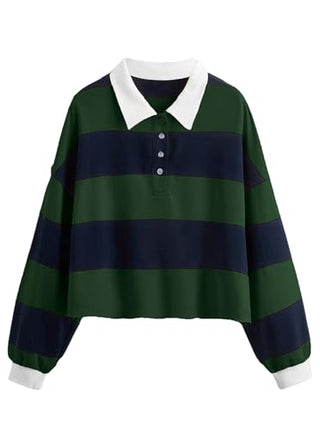 Natalie Winters Dress - Remidoo Women's Collared Half Button Long Sleeve Striped Crop Top Sweatshirt