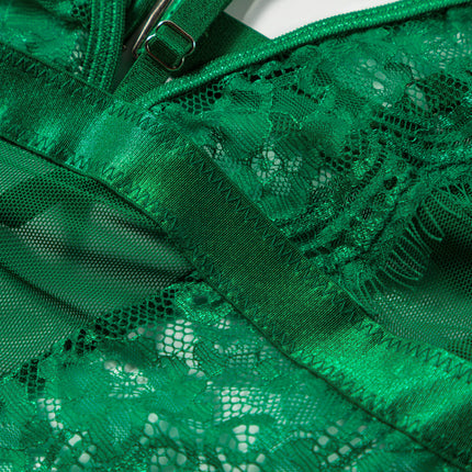 Ladies Hunter Green Lace,  Satin , Mesh Teddy with Front Detail at Bust