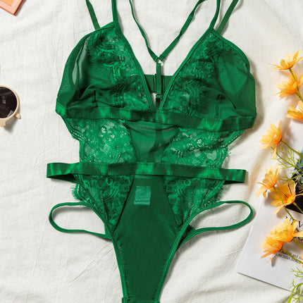 Ladies Hunter Green Lace,  Satin , Mesh Teddy with Front Detail at Bust