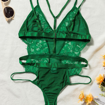 Ladies Hunter Green Lace,  Satin , Mesh Teddy with Front Detail at Bust